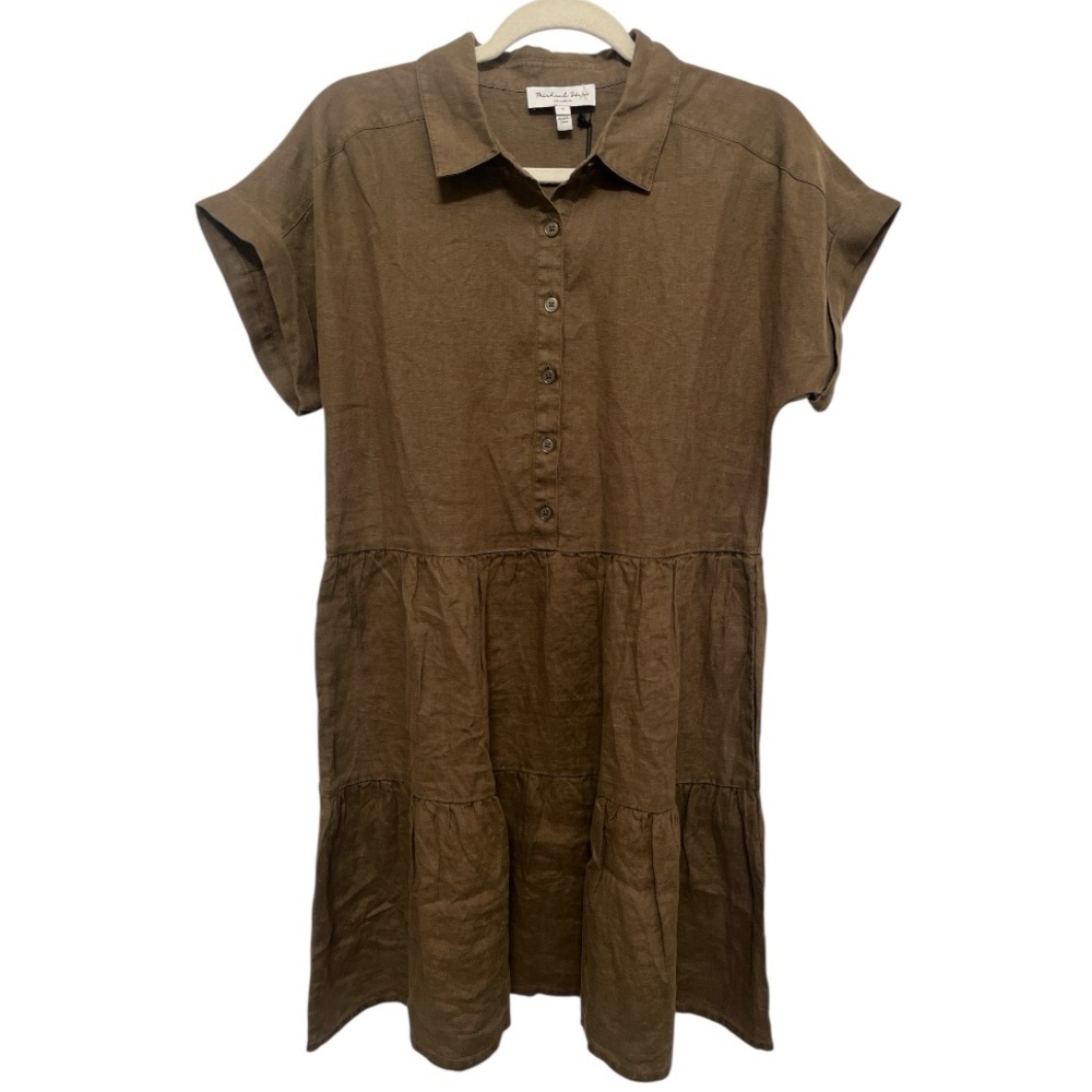 Michael Stars Greta short sleeve linen swing dress brown khaki size small NWT - Picture 7 of 11